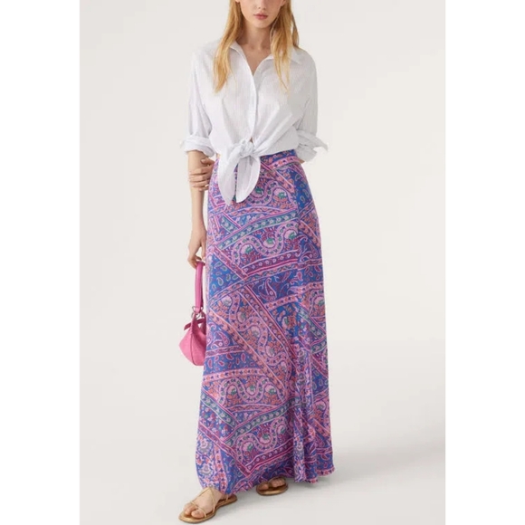 ba&sh Blossom Fanessa Maxi Skirt Blue & Pink Batik Floral Print Size 1 Small - Picture 4 of 16